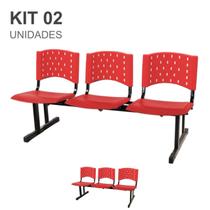 Kit 02 Cadeiras longarinas PLÁSTICAS 03 Lugares - Cor VERMELHO - REALPLAST - 23063