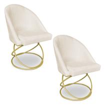 Kit 02 Cadeiras Poltrona de Jantar Bela Suede Bege Base Metálica Luxo Dourado - Pallazio
