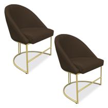 Kit 02 Cadeiras Poltrona de Jantar Bela Suede Marrom Base Metálica Industrial Dourado - Pallazio