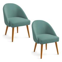 Kit 02 Cadeiras Poltrona de Jantar Estofada Luna Boucle Azul Majestic Pés Palito Castanho - Pallazio