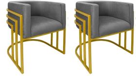 Kit 02 Cadeiras Poltrona Luxo Base De Metal Tripla Dourado Sala de Jantar Cozinha Recepção Veludo Grafite Eli Móveis