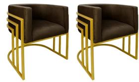 Kit 02 Cadeiras Poltrona Luxo Base De Metal Tripla Dourado Sala de Jantar Cozinha Recepção Veludo Marrom Eli Móveis