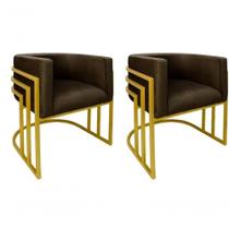 Kit 02 Cadeiras Poltrona Luxo Base De Metal Tripla Dourado Sala De Jantar Cozinha Recepção Veludo Marrom Eli Móveis