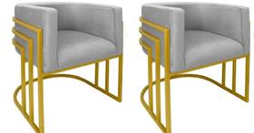 Kit 02 Cadeiras Poltrona Luxo Base De Metal Tripla Dourado Sala de Jantar Cozinha Recepção Veludo Prata Eli Móveis