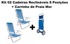 Kit 02 Cadeiras Reclináveis Azuis + Carrinho de Praia Vira mesa Mor