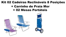 Kit 02 Cadeiras Reclináveis Lilás/Azul+02 Mesa Portátil+Carrinho de Praia Vira mesa Mor