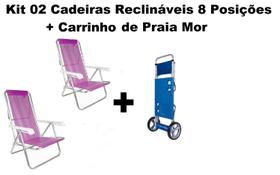 Kit 02 Cadeiras Reclináveis Lilás + Carrinho de Praia Vira mesa Mor