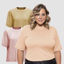 Kit 02 Camiseta Feminina Plus Size Lisa 100% Algodão Gola Redonda Manga Curta G1 A G3