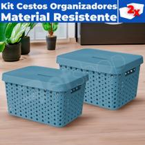 Kit 02 Cestos Caixa Organizadoras Rattan Plástica De 33 Litros C/ Tampa E Alças Kit 02 Cestos Caixa Organizadoras Rattan Plástica De 33 Litros C/ Tampa E Alças