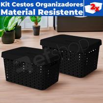 Kit 02 Cestos Caixa Organizadoras Rattan Plástica De 33 Litros C/ Tampa E Alças
