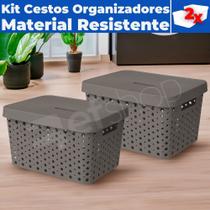 Kit 02 Cestos Caixa Organizadoras Rattan Plástica De 33 Litros C/ Tampa E Alças