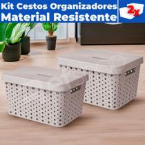 Kit 02 Cestos Caixa Organizadoras Rattan Plástica De 33 Litros C/ Tampa E Alças Kit 02 Cestos Caixa Organizadoras Rattan Plástica De 33 Litros C/ Tampa E Alças