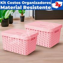 Kit 02 Cestos Caixa Organizadoras Rattan Plástica De 33 Litros C/ Tampa E Alças