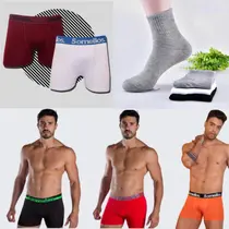 Kit 02 Cuecas Boxer Adulto + 03 Pares Meias Esportiva Longa Masculino Em Algodão