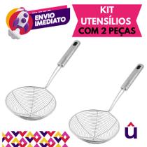Kit 02 Escumadeira Aramada Redonda Peneira Espumadeira Para Fritura Pastel Salgados Batata Inox