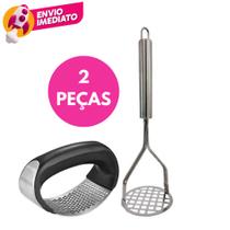 Kit 02 Itens: Amassador Espremedor Triturador Alho E Amassador Batatas Inox Esmagador Manual