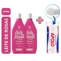 Kit 02 Leite de Rosas 310ml 01 Discos de Algodão 70g Apolo Limpeza Facial Pele Clareamento