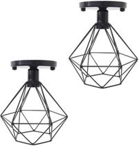 Kit 02 Lustre De Teto Industrial Luminária Plafon Retrô Aramado Diamante Sobrepor Preto