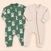 Kit 02 macacões bebê suedine 100% algodão liso e estampado enxoval com proteção de ziper