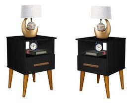 Kit 02 Mesa De Cabeceira Cor Preta Retrô Criado C/ 1 Gaveta