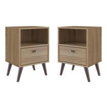 Kit 02 Mesa de Cabeceira Nicho 39cm com Gaveta e Pés Palito Retrô Oak