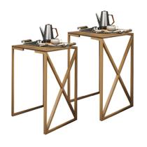 Kit 02 Mesa Lateral Canto Aparador Buffet BeX Industrial Ferro Dourado Tampo Caramelo - Ahz Móveis