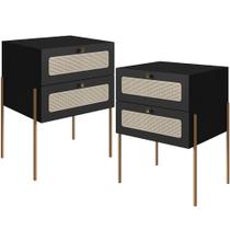 Kit 02 Mesas de Cabeceira 02 Gavetas com Telinha Industrial Indy A03 Nero Dourado - Lyam Decor