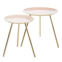 Kit 02 Mesas de Canto ANM6216M Anima Office Redondo Rosê Anima Office Base em Metal Dourado