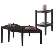 Kit 02 Mesas de Centro e 01 Mesa Lateral Pés Madeira Trium A03 Nero Preto - Lyam Decor