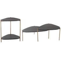 Kit 02 Mesas de Centro e 01 Mesa Lateral Pés Metálicos Adek A03 Nero Dourado - Lyam Decor