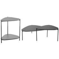 Kit 02 Mesas de Centro e 01 Mesa Lateral Pés Metálicos Adek A03 Nero Preto - Lyam Decor