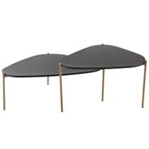 Kit 02 Mesas de Centro Para Sala de Estar Pés Metálicos Adek A03 Nero Dourado - Lyam Decor