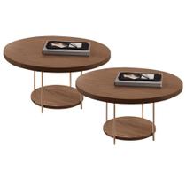 Kit 02 Mesas de Centro Para Sala Redonda Tampo MDF Pés Aço Allure B01 Castanho - Lyam Decor