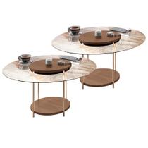 Kit 02 Mesas de Centro Para Sala Redonda Tampo Vidro Pés Aço Allure B01 Castanho - Lyam Decor