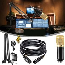 Kit 02 Microfones Com Suporte de Mesa Espuma Pop Filter Cabo 5 Mts Para Podcast - Comercial Eletro