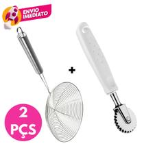 Kit 02 Pç Escumadeira Aramada Inox Fritura Pastel E Carretilha Corta e Fecha Massa Pastel Pizza