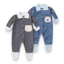 Kit 02 peças Macacão Tricot Bordado Vira Pé