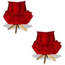 Kit 02 Poltrona Albany Sala De Estar Base Giratória Suede Vermelho - Hellen Decor