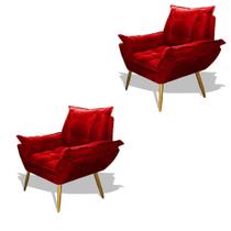 Kit 02 Poltrona Albany Sala De Estar Pés Palito Suede Vermelho - Hellen Decor
