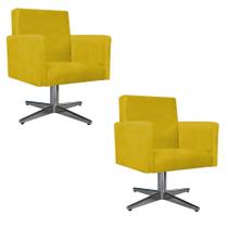 kit 02 Poltrona Cadeira Decorativa Arenzza Base Giratória de Metal Suede Amarelo - KDAcanto Móveis