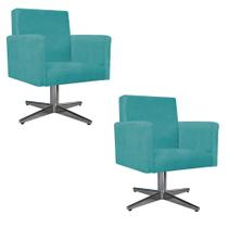 kit 02 Poltrona Cadeira Decorativa Arenzza Base Giratória de Metal Suede Azul Turquesa - KDAcanto Móveis