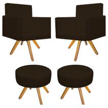 Kit 02 Poltrona Cadeira Decorativa Arenzza e 02 Puff Sofia Base Giratória de Madeira Corano Marrom - DAMAFFÊ MÓVEIS
