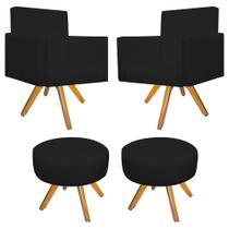 Kit 02 Poltrona Cadeira Decorativa Arenzza e 02 Puff Sofia Base Giratória de Madeira Corano Preto - DAMAFFÊ MÓVEIS Kit 02 Poltrona Cadeira Decorativa Arenzza e 02 Puff Sofia Base Giratória de Madeira Corano Preto - DAMAFFÊ MÓVEIS