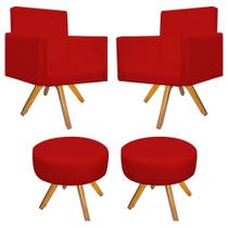 Kit 02 Poltrona Cadeira Decorativa Arenzza e 02 Puff Sofia Base Giratória de Madeira Corano Vermelho - DAMAFFÊ MÓVEIS