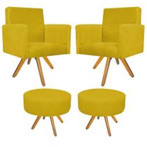 Kit 02 Poltrona Cadeira Decorativa Arenzza e 02 Puff Sofia Base Giratória de Madeira Suede Amarelo - KDAcanto Móveis