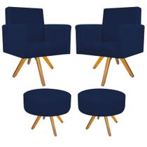 Kit 02 Poltrona Cadeira Decorativa Arenzza e 02 Puff Sofia Base Giratória de Madeira Suede Azul Marinho - DAMAFFÊ MÓVEIS