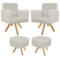 Kit 02 Poltrona Cadeira Decorativa Arenzza e 02 Puff Sofia Base Giratória de Madeira Suede Bege - DAMAFFÊ MÓVEIS