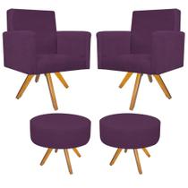 Kit 02 Poltrona Cadeira Decorativa Arenzza e 02 Puff Sofia Base Giratória de Madeira Suede Roxo - DAMAFFÊ MÓVEIS