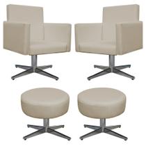 Kit 02 Poltrona Cadeira Decorativa Arenzza e 02 Puff Sofia Base Giratória de Metal Corano Bege - DAMAFFÊ MÓVEIS