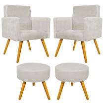 Kit 02 Poltrona Cadeira Decorativa Arenzza e 02 Puff Sofia Palito Mel Suede Bege - DAMAFFÊ MÓVEIS